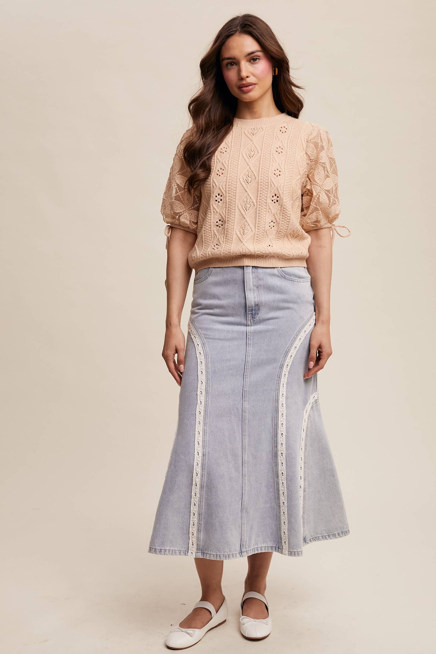 Listicle - Eyelet Puff Sleeve Knit Sweater Top