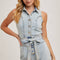 SLEEVELESS BUTTON DOWN BELTED DENIM ROMPER