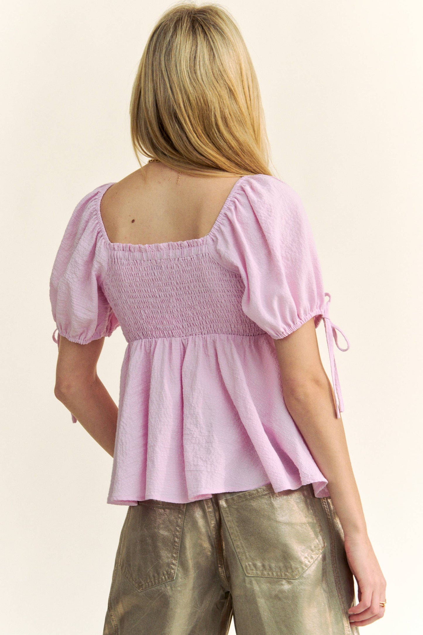 SOLID ELASTIC PEPLUM PUFFED SLEEVES BLOUSE TOP