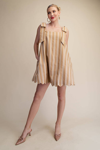 Glam - Scoop Neck Bow Shoulder Scallop Mini Dress