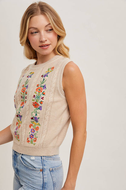 EMBROIDERED SLEEVELESS KNIT TANK TOP