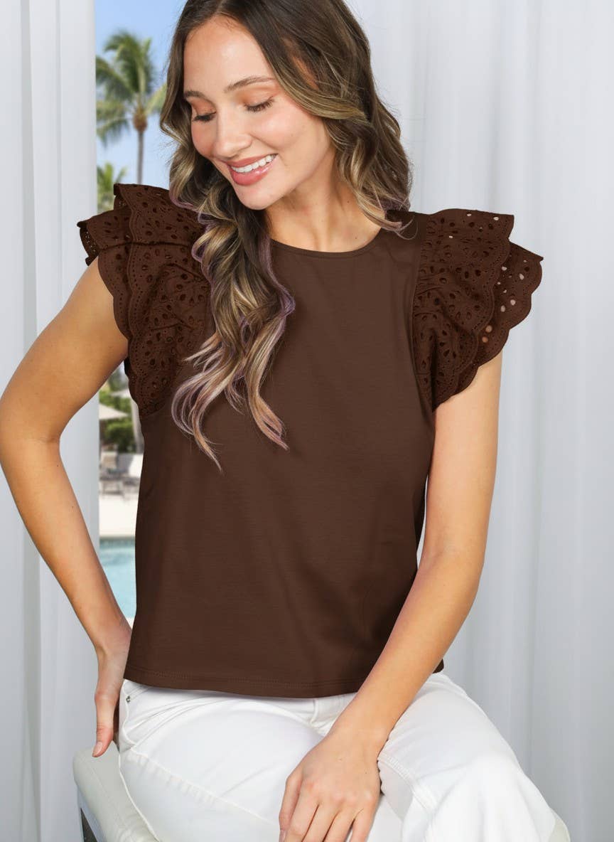 Vine & Love - Crew Neck Eyelet Lace Ruffled Sleeve 100%Cotton Top VT82646