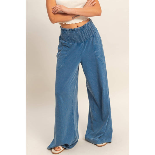 HYFVE - Mineral Washed Wide-Leg Smocked Waist Pants