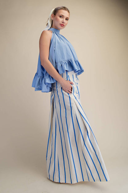 Glam - Halter Neck Sleeveless Back Neck Tie Ruffle Top