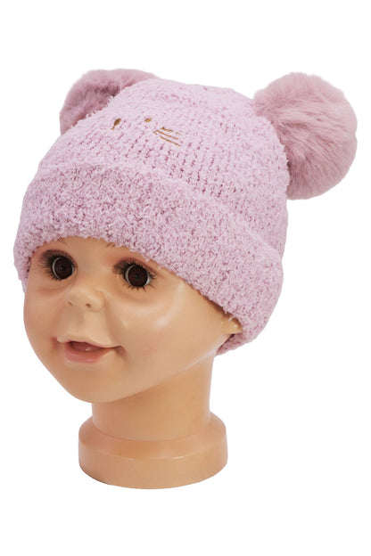 Cap Zone - Kids Kitty Cat Terry Fleece Double Pom Beanie
