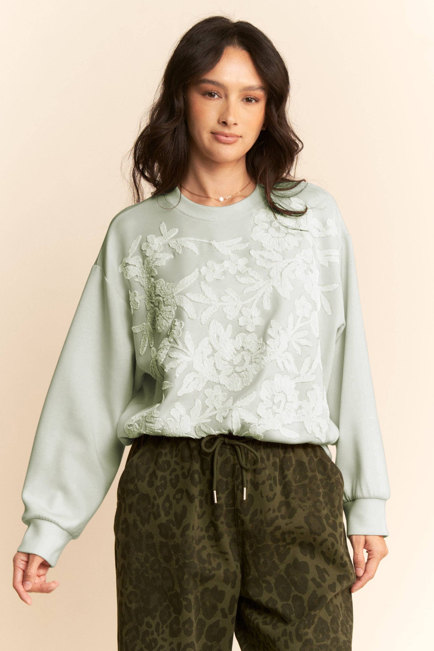 Davi & Dani - SHEER FLORAL FRONT EMBROIDERY ON SELF SWEATSHIRT