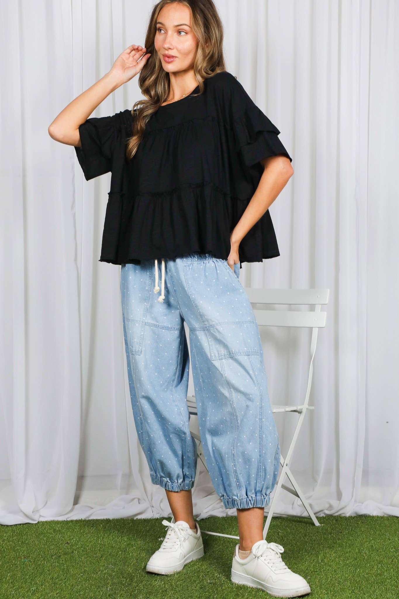 Vine & Love - Ruffle Tired Crew Neck 100%Cotton Top VT83163