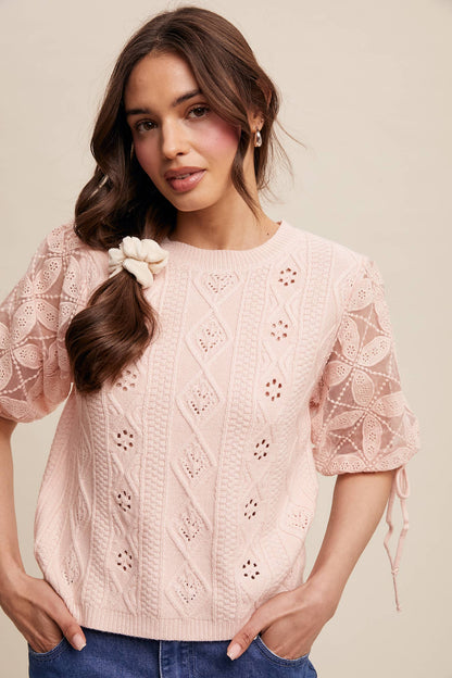 Listicle - Eyelet Puff Sleeve Knit Sweater Top