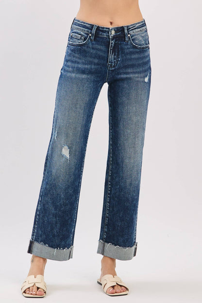 Petra153 - P1546T-DA MID RISE LOOSE STRAIGHT W/ CUFFED HEM JEANS