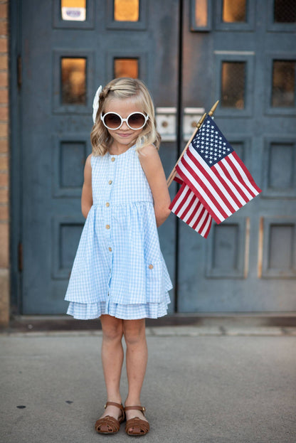 Kids Blue & White Gingham Check Pocket Ruffle Spring Dress