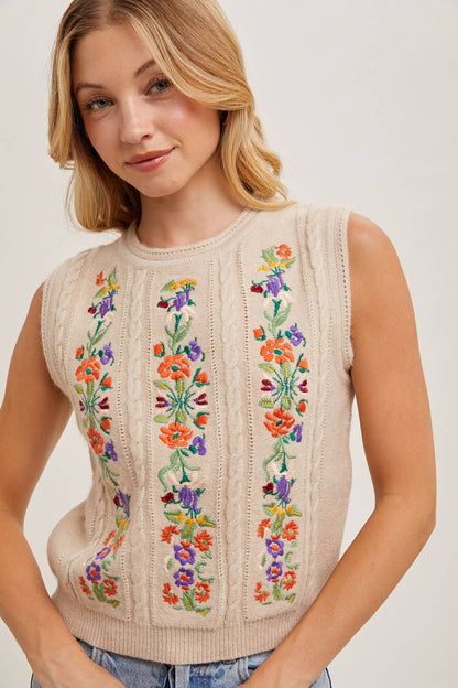 EMBROIDERED SLEEVELESS KNIT TANK TOP