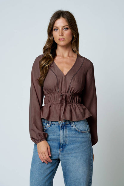 Blu Pepper - LADDER LACE TRIM V NECK LONG SLEEVE RUFFLE HEM TOP