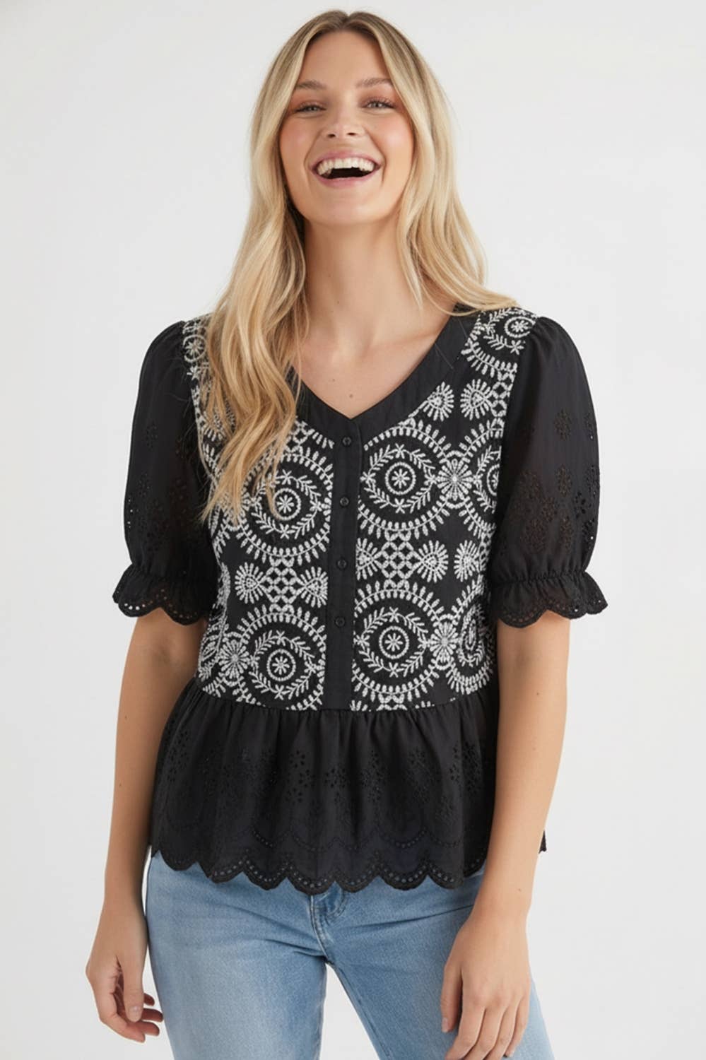 Kori America - BUTTON DOWN EYELET LACE SHIRTS BLOUSE