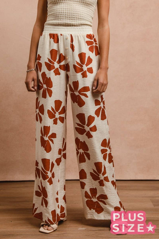 PLUS FLORAL PRINT WOVEN ELASTIC WAIST PANTS