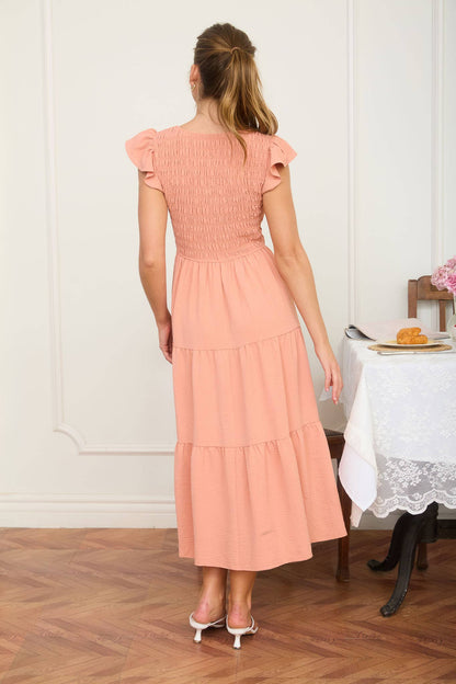 Blu Pepper - FLUTTER SLEEVE V NECK SMOCKED MIDI DRESS