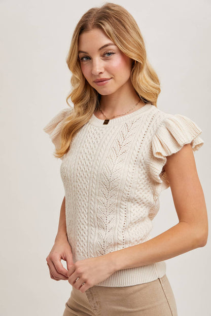 FLUTTER SLEEVED KNIT SWEATER TOP