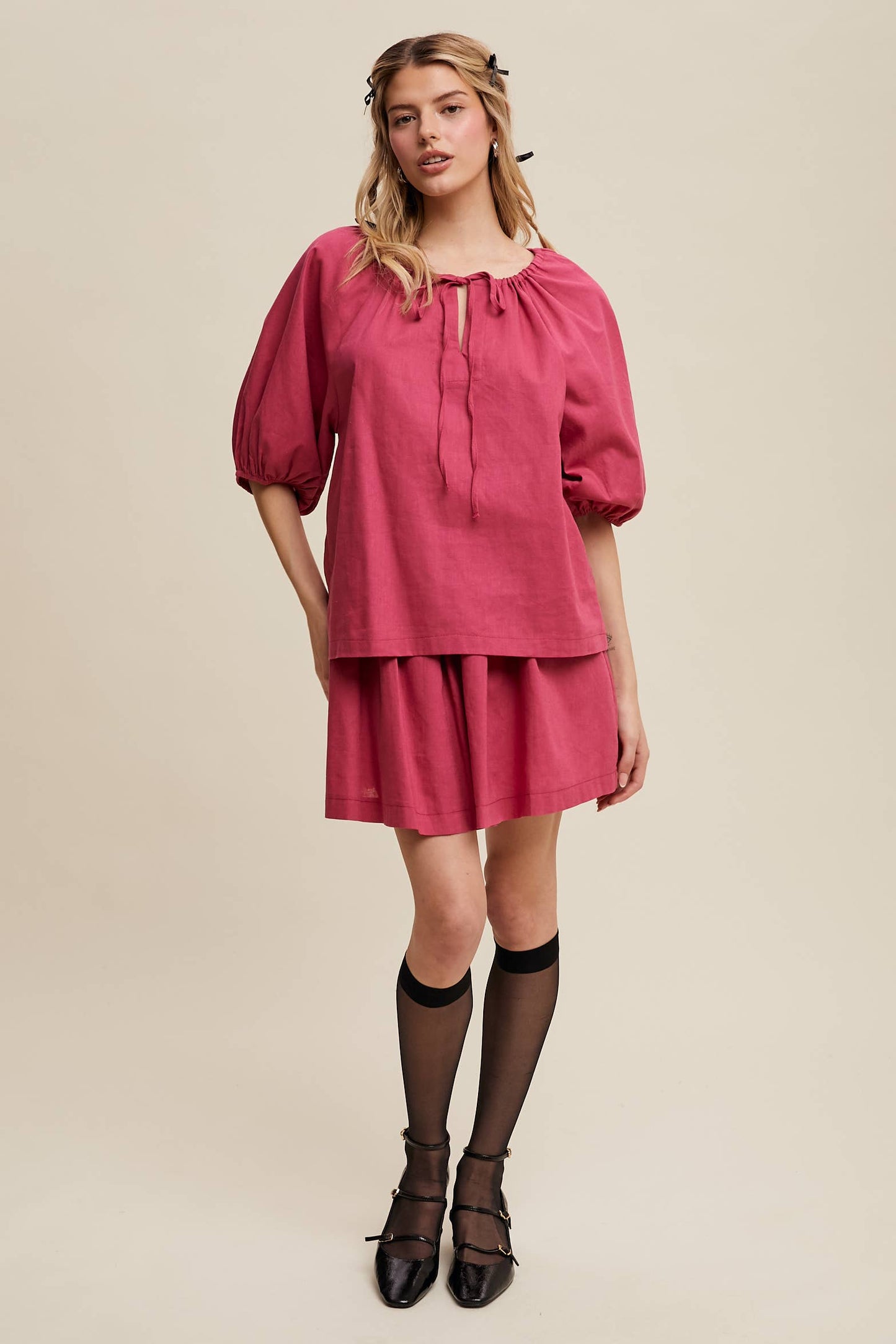 Listicle - Linen Puff Sleeve Blouse & Pleated Skirt Set