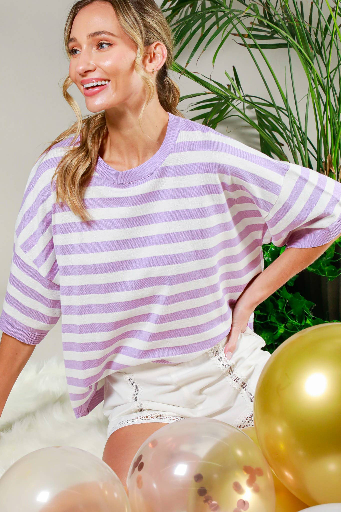 Vine & Love - Crew Neck Short-Sleeve Stripe knitted Sweater Top VT81842