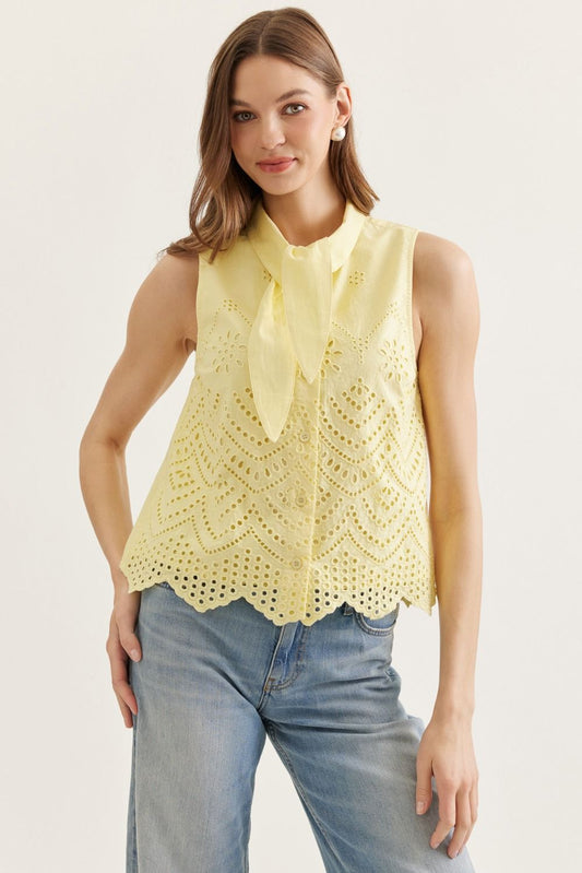 Lemon sleeveless top featuring eyelet embroidery detail