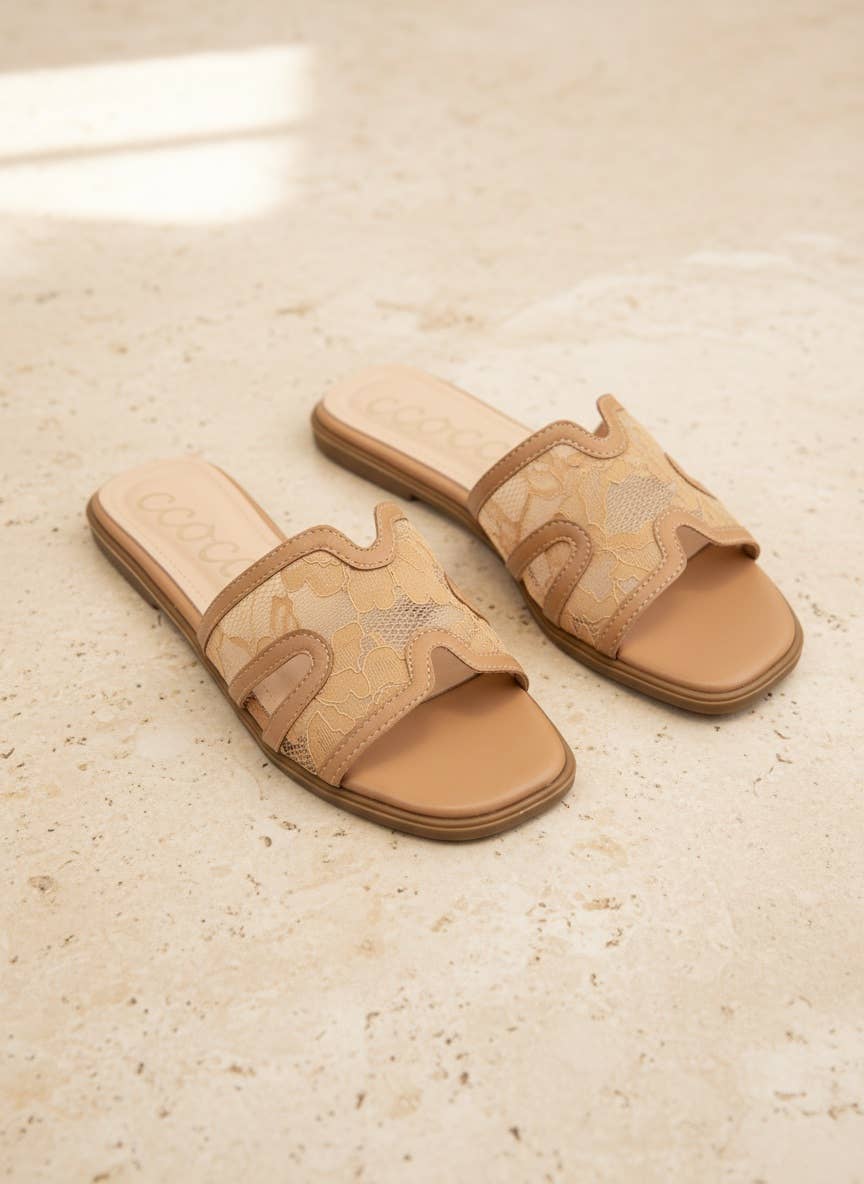 CCOCCI - BRITNEY Lace Mesh Sandals  H-Cutout Square Toe Slides