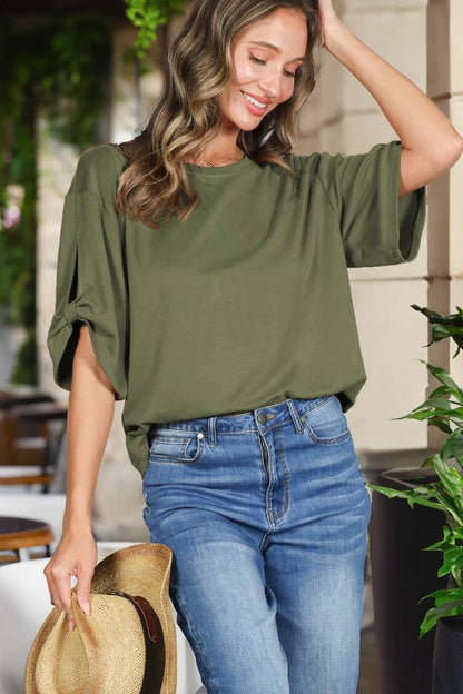 Vine & Love - Tie Accent Sleeve Soft Casual T-Shirt Top VT82907