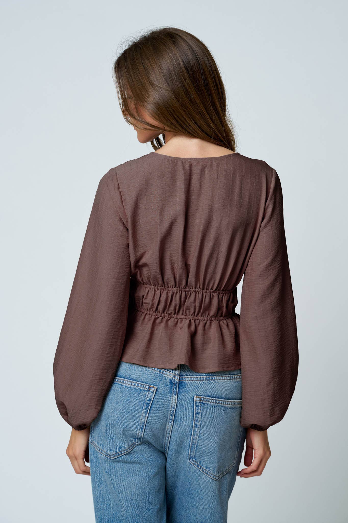 Blu Pepper - LADDER LACE TRIM V NECK LONG SLEEVE RUFFLE HEM TOP