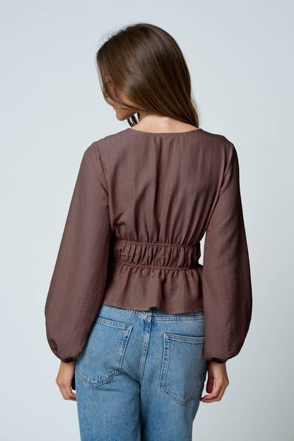 Blu Pepper - LADDER LACE TRIM V NECK LONG SLEEVE RUFFLE HEM TOP