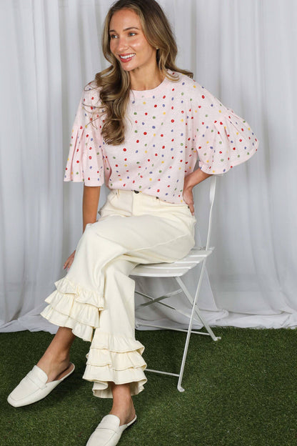 Vine & Love - Colorful Polka Dot Short Ruffle Sleeve Knit Top VT82765A