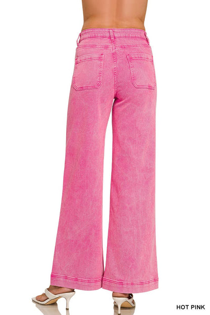 42POPS -  High Rise Wide Leg Pintuck Color Denim Pants
