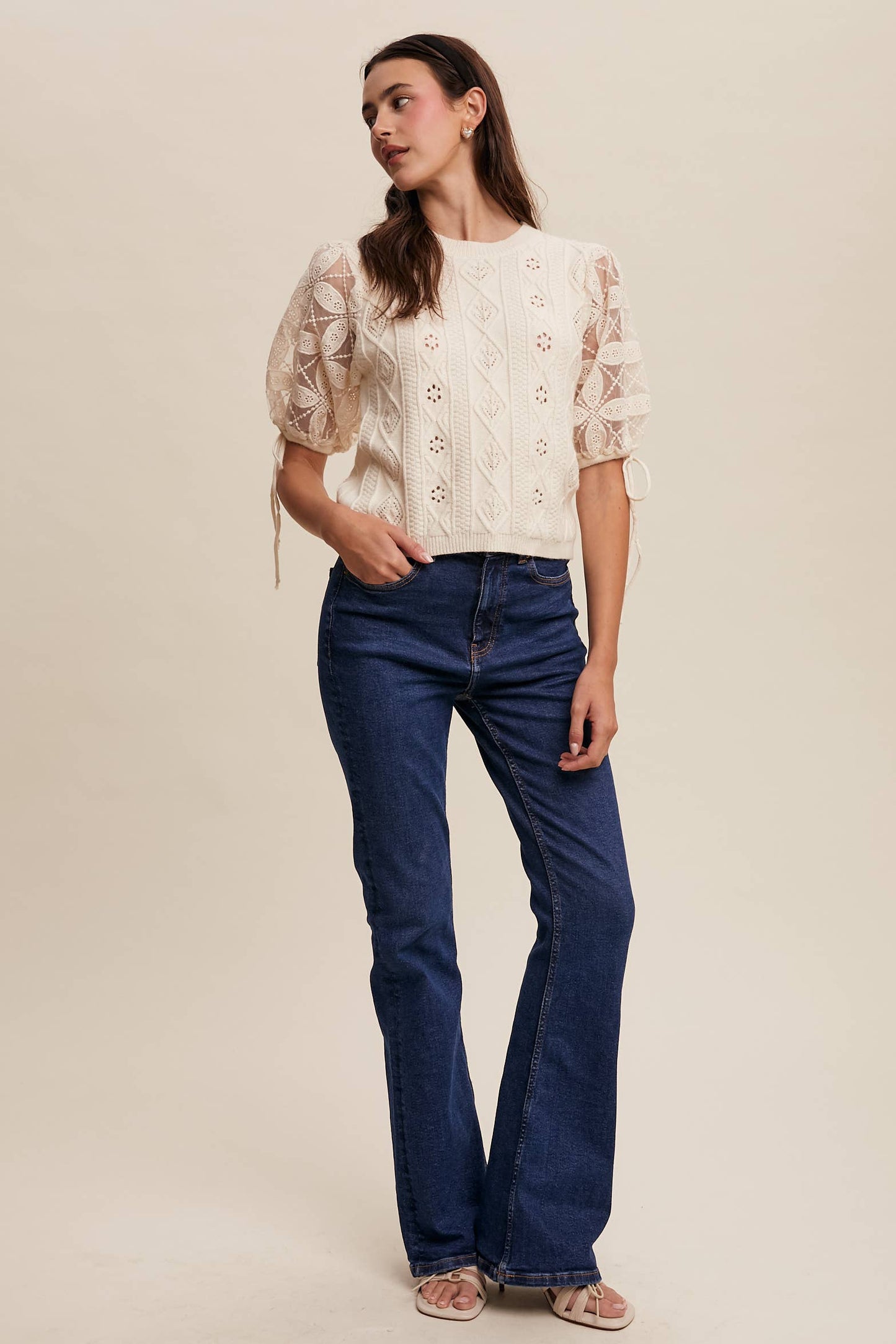 Listicle - Eyelet Puff Sleeve Knit Sweater Top