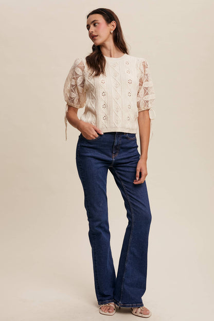 Listicle - Eyelet Puff Sleeve Knit Sweater Top