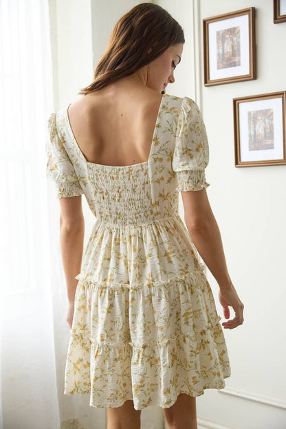Ivory Floral square neck smocked tiered dress