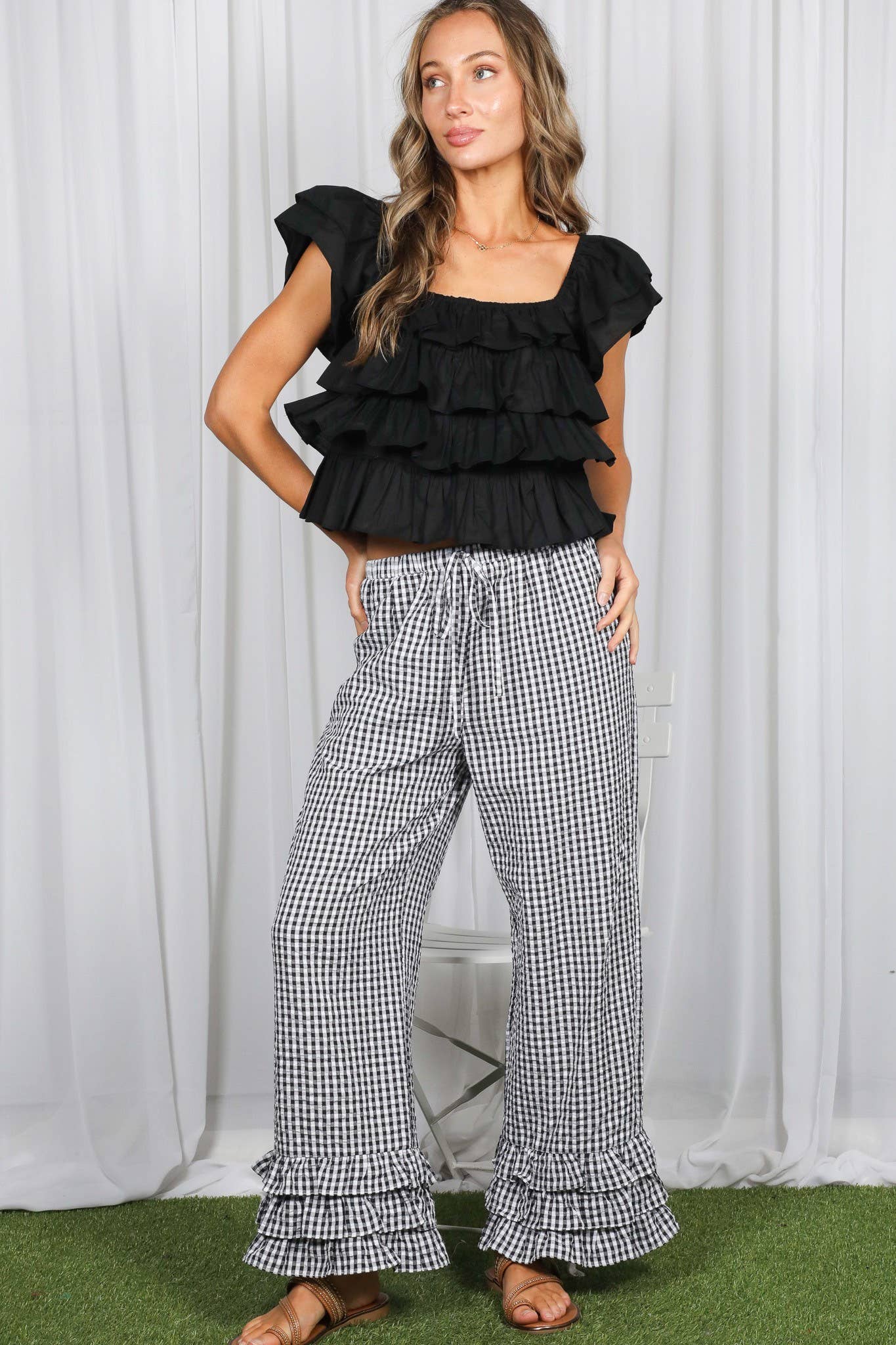 Vine & Love - Gingham Layered Ruffle Hem Cropped Pants VP83333A