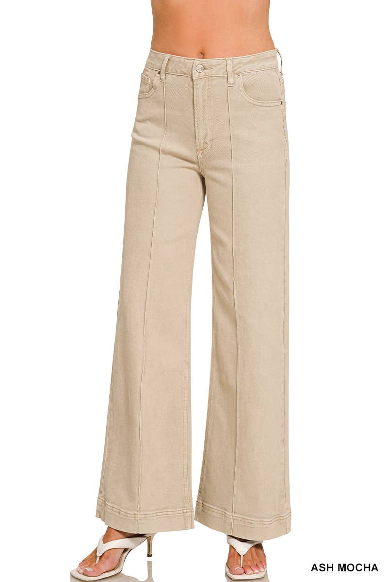 42POPS -  High Rise Wide Leg Pintuck Color Denim Pants