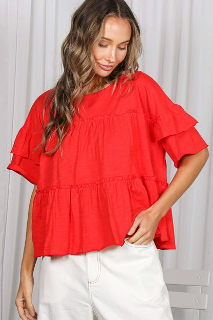 Vine & Love - Ruffle Tired Crew Neck 100%Cotton Top VT83163