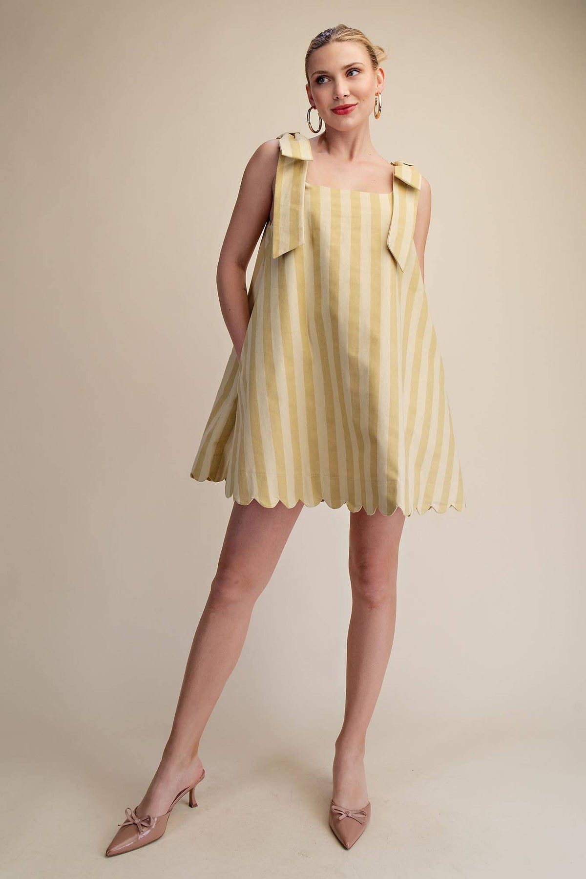 Glam - Scoop Neck Bow Shoulder Scallop Mini Dress
