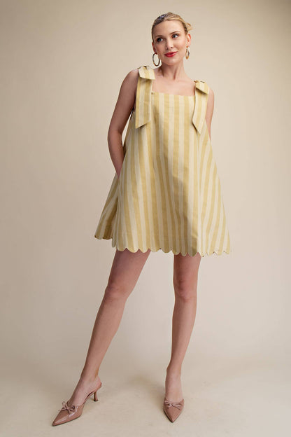Glam - Scoop Neck Bow Shoulder Scallop Mini Dress