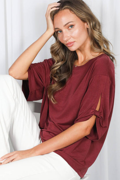 Vine & Love - Tie Accent Sleeve Soft Casual T-Shirt Top VT82907