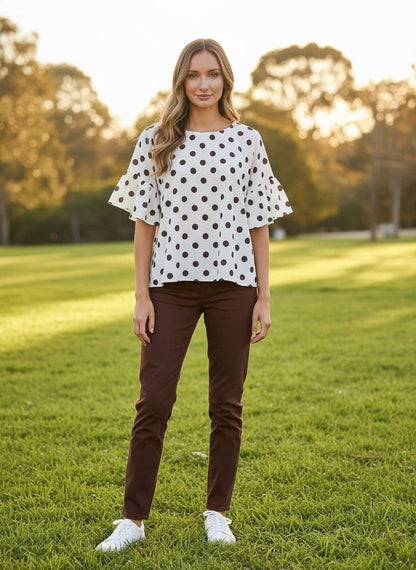 Vine & Love - Polka Dot Wild Ruffle Sleeve Flowy Blouse Top VT83104D