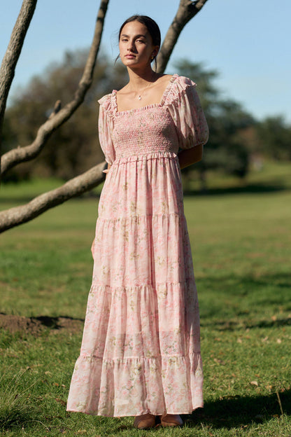 Davi & Dani - SMOCKED SQUARE NECK TIERED FLORAL MAXI DRESS