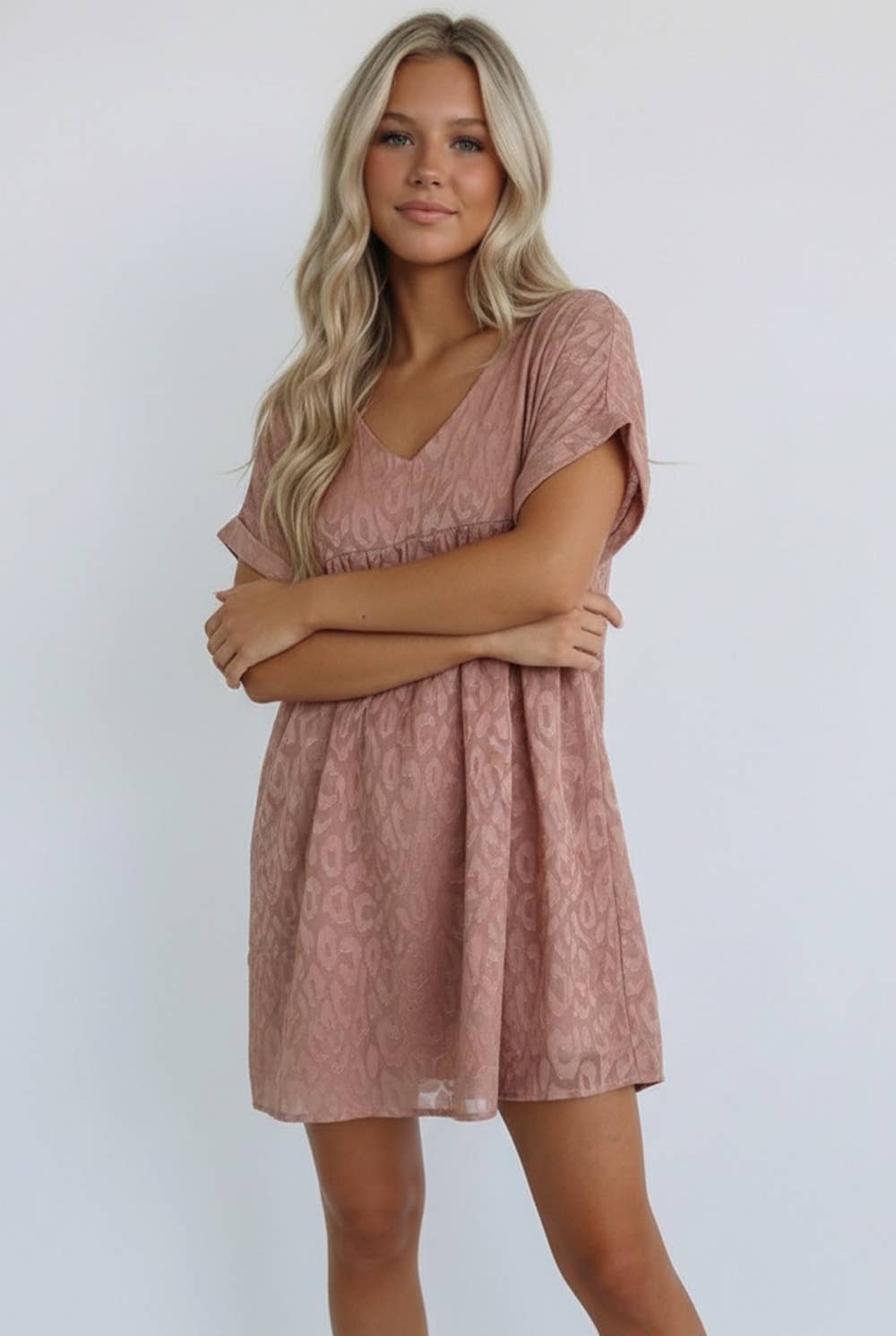 Kori America - ANIMAL PRINT JACQUARD V NECK BABYDOLL DRESS