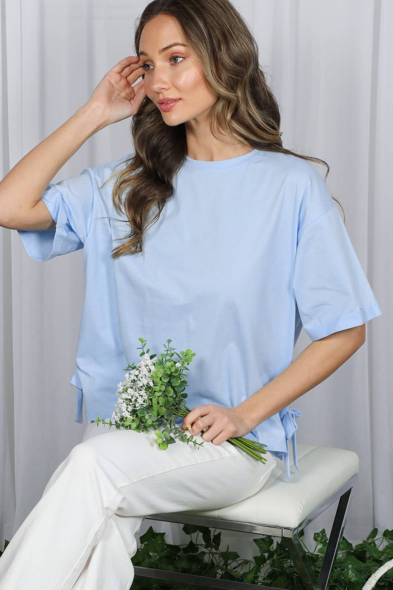 Vine & Love - Bow With Side Slit 100% Cotton Knit Top VT82807-