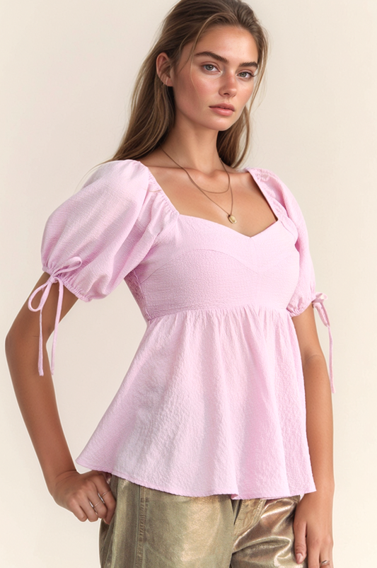 SOLID ELASTIC PEPLUM PUFFED SLEEVES BLOUSE TOP