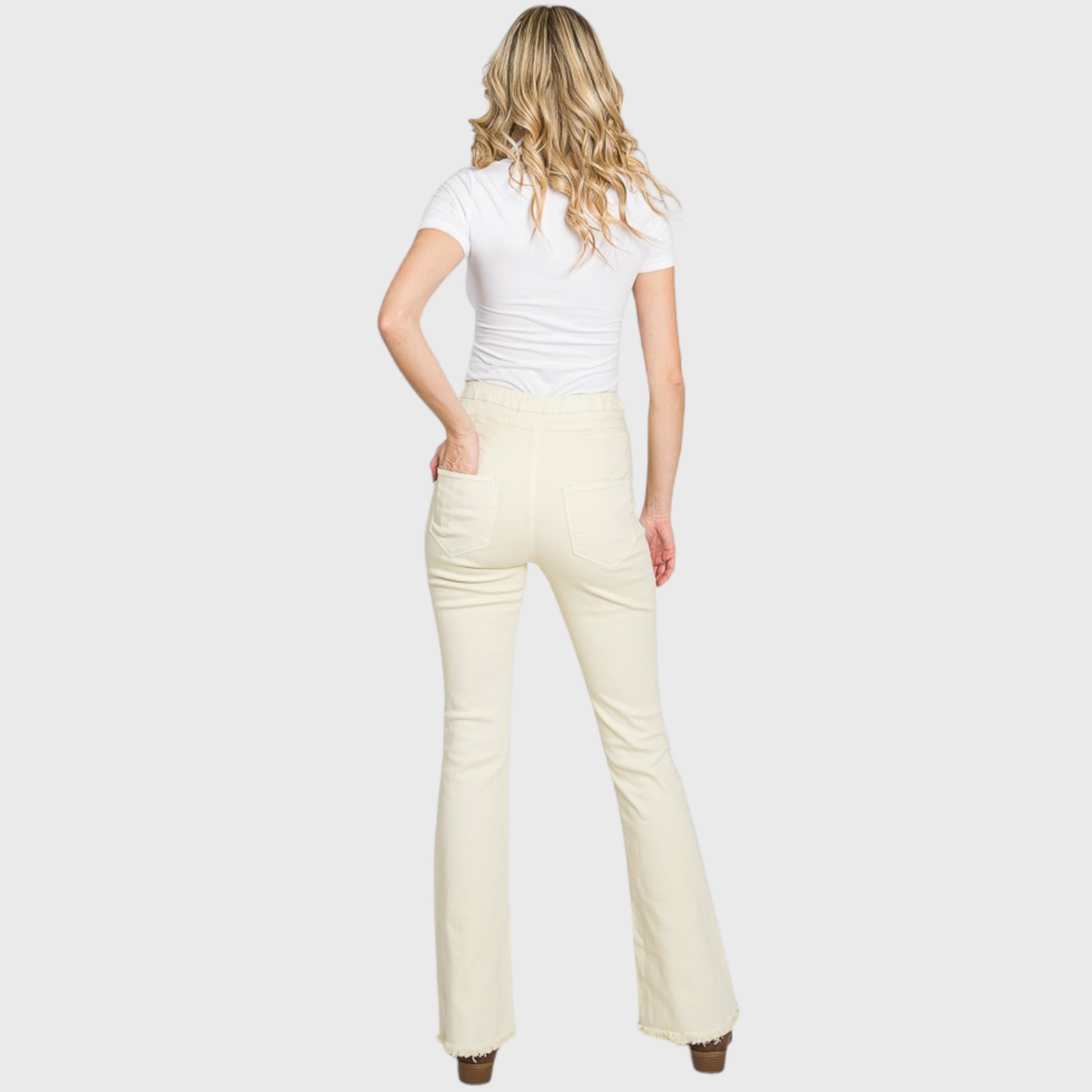 Petra153 - (PETITE) PZ772HF-BE HIGH RISE PULL-ON BOOTCUT W/ FRAYED HEM