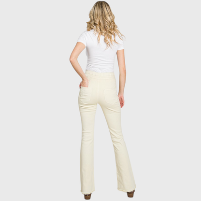 Petra153 - (PETITE) PZ772HF-BE HIGH RISE PULL-ON BOOTCUT W/ FRAYED HEM