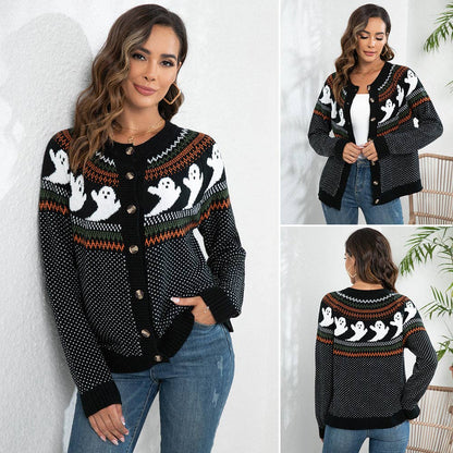 Suhkasana - Halloween Ghost Cardigan Women Vintage Polka Dot Sweater