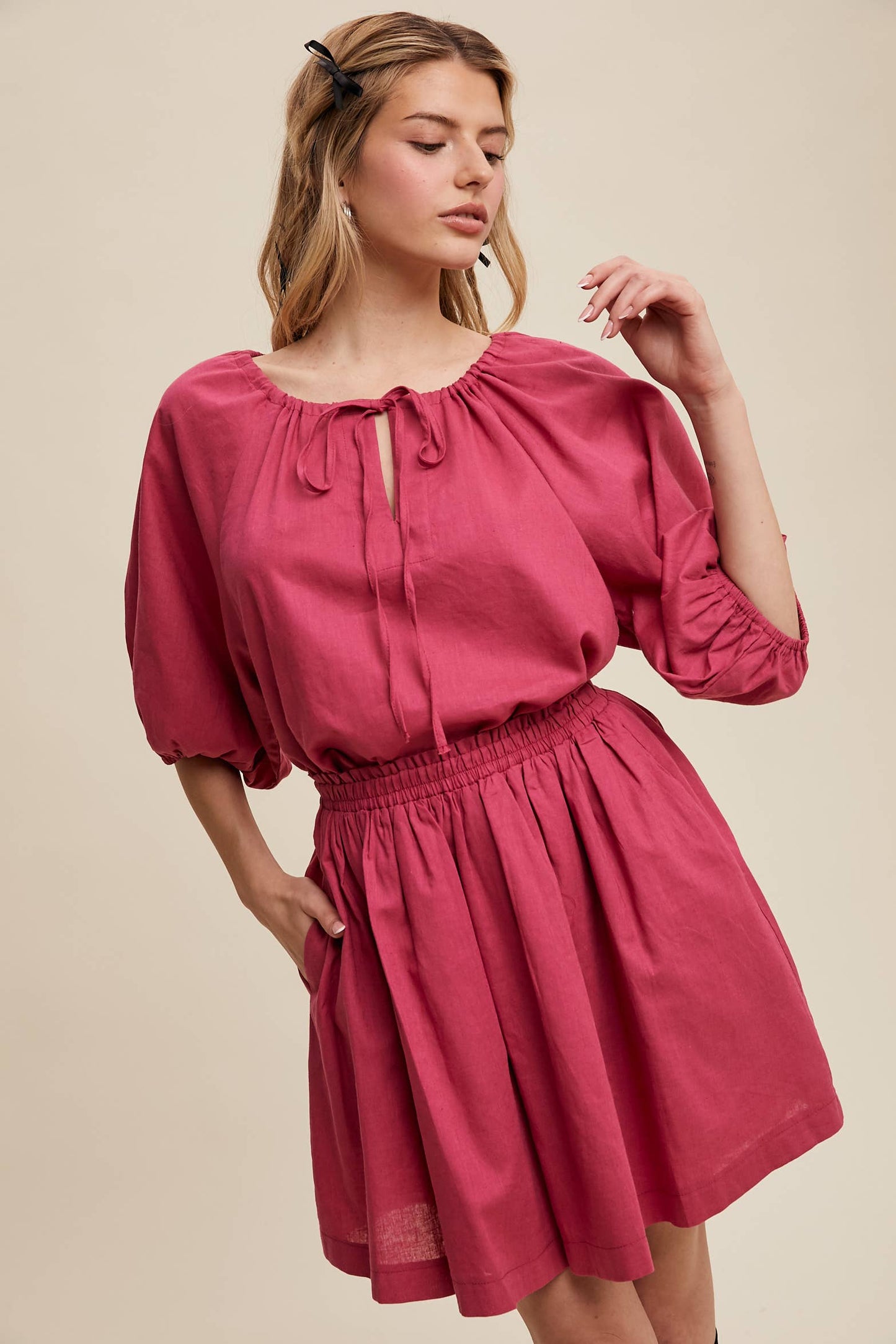 Listicle - Linen Puff Sleeve Blouse & Pleated Skirt Set