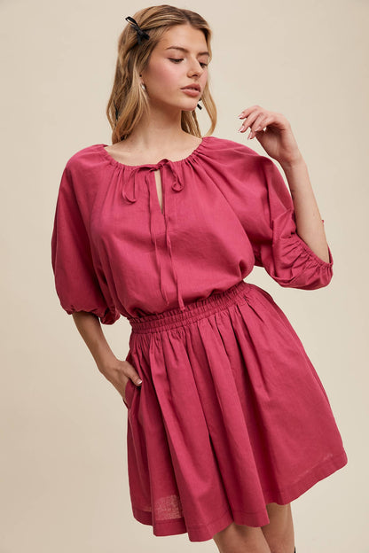 Listicle - Linen Puff Sleeve Blouse & Pleated Skirt Set