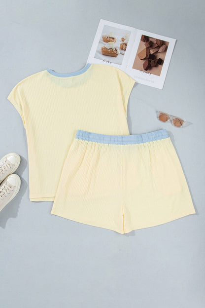 Plus Size Colorblock Trim Ribbed Top & Shorts Set