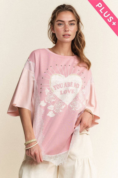 PLUS YOU ARE MY LOVE PRINT LACE SHORT SLEEVE TOP